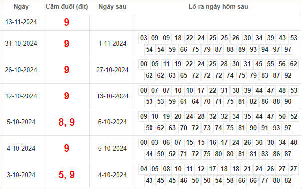 Bảng kết quả câm đuôi 9 hôm sau ra lô gì?