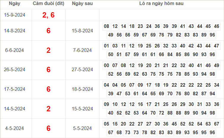 Bảng kết quả câm đuôi 2, 6 hôm sau ra lô gì?