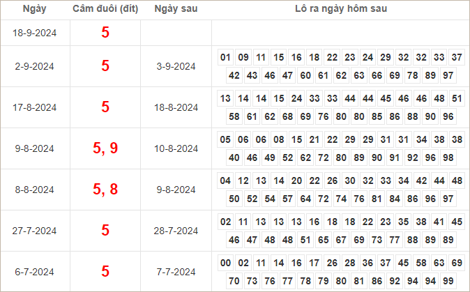 Bảng kết quả câm đuôi 5 hôm sau ra lô gì?