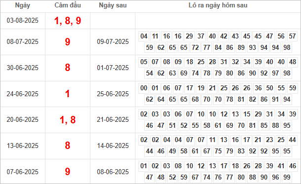 Bảng kết quả câm đầu 1, 8, 9 hôm sau ra lô gì?